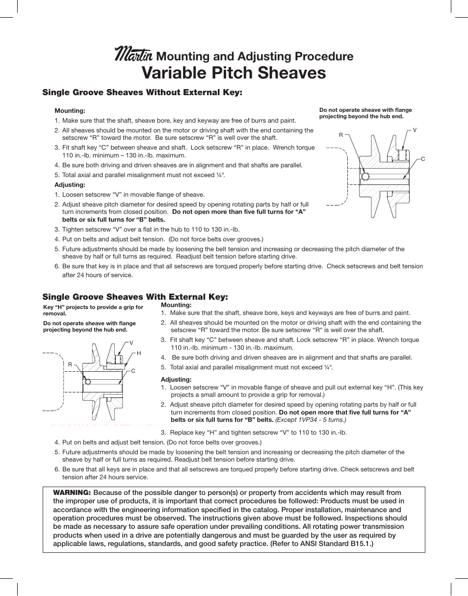 Martin Sprocket & Gear Variable Pitch Sheaves User Manual | 2 pages