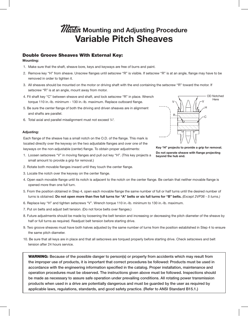 Martin, Variable pitch sheaves, Mounting and adjusting procedure | Martin Sprocket & Gear Variable Pitch Sheaves User Manual | Page 2 / 2