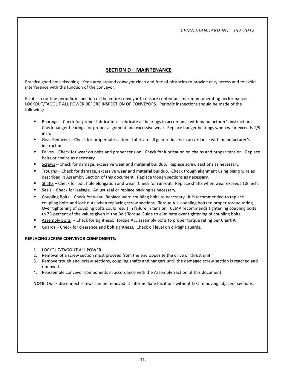 Section d - maintenance | Martin Sprocket & Gear Screw Conveyor Safety User Manual | Page 15 / 20