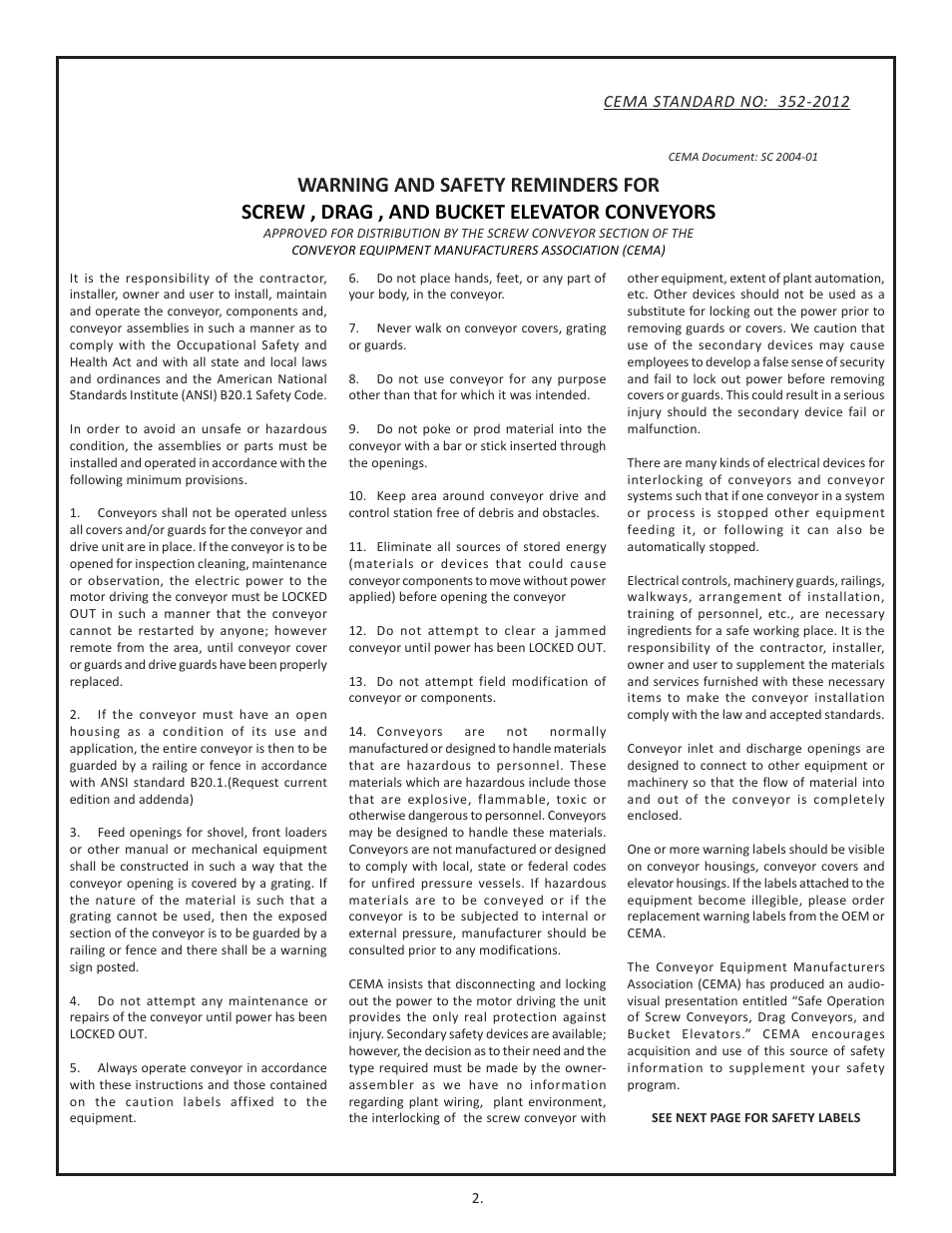Warning and safety reminders | Martin Sprocket & Gear Screw Conveyor Safety User Manual | Page 6 / 20