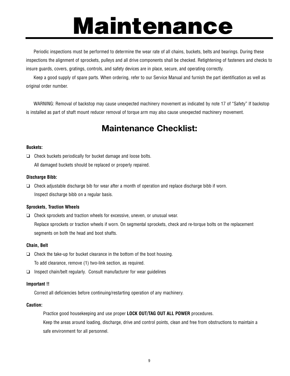 Maintenance, Maintenance checklist | Martin Sprocket & Gear Bucket Elevator Safety User Manual | Page 13 / 18