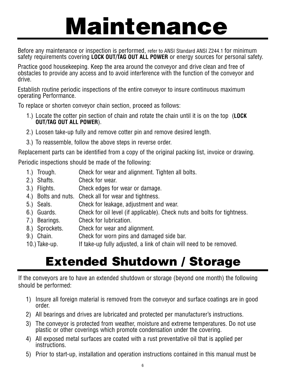 Maintenance, Extended shutdown / storage | Martin Sprocket & Gear Drag Conveyor Safety User Manual | Page 10 / 15