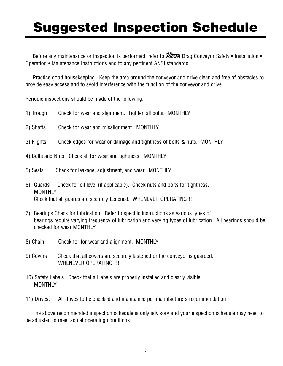 Suggested inspection schedule | Martin Sprocket & Gear Drag Conveyor Safety User Manual | Page 11 / 15