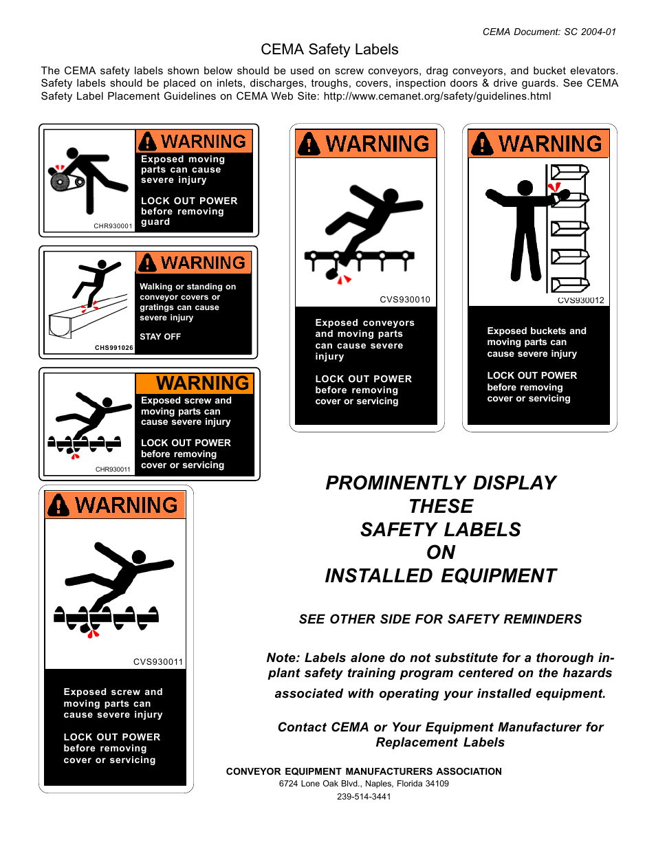 Warning, Cema safety labels | Martin Sprocket & Gear Drag Conveyor Safety User Manual | Page 3 / 15