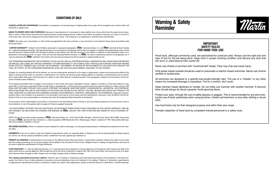 Martin Sprocket & Gear Industrial Hand Tool Safety User Manual | 1 page