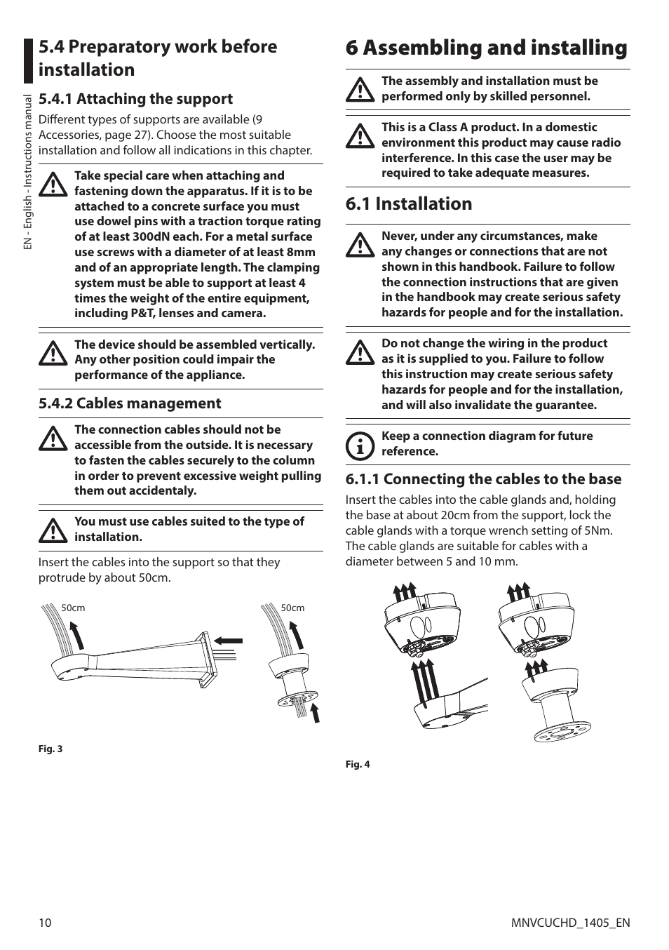 4 preparatory work before installation, 1 attaching the support, 2 cables management | 6 assembling and installing, 1 installation, 1 connecting the cables to the base, 1 attaching the support 5.4.2 cables management | Videotec ULISSE COMPACT HD User Manual | Page 10 / 36