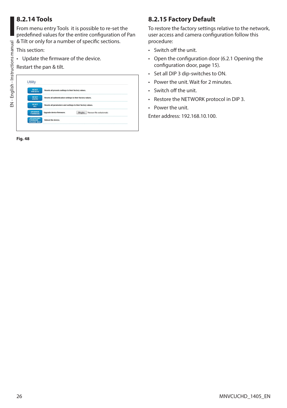 14 tools, 15 factory default, 14 tools 8.2.15 factory default | Videotec ULISSE COMPACT HD User Manual | Page 26 / 36