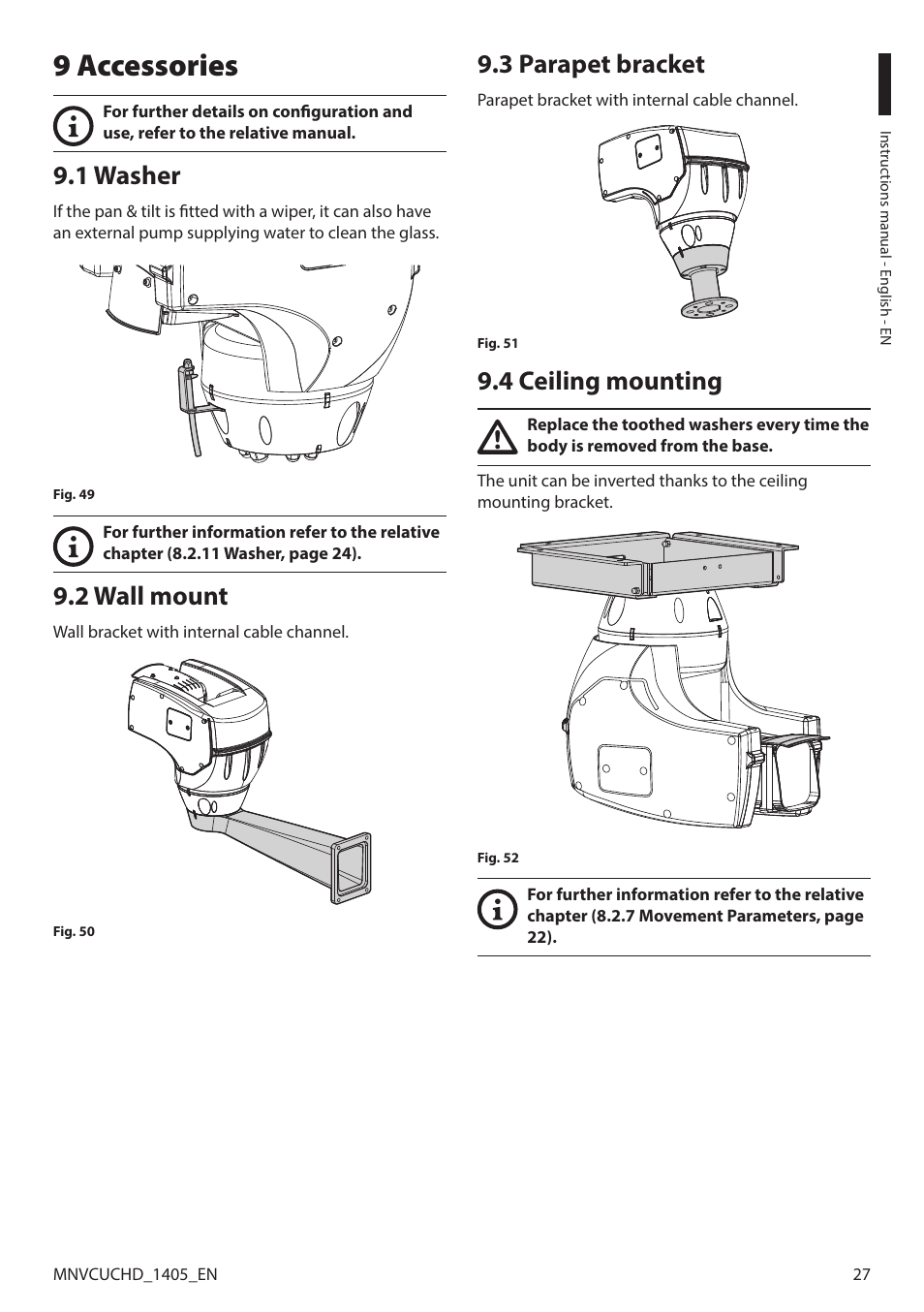 9 accessories, 1 washer, 2 wall mount | 3 parapet bracket, 4 ceiling mounting | Videotec ULISSE COMPACT HD User Manual | Page 27 / 36