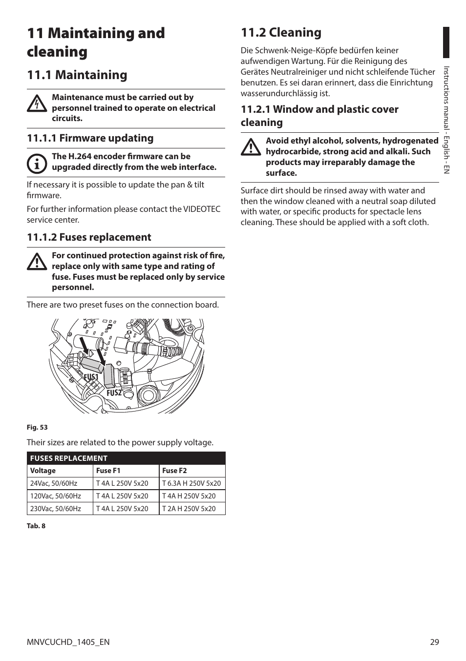 11 maintaining and cleaning, 1 maintaining, 1 firmware updating | 2 fuses replacement, 2 cleaning, 1 window and plastic cover cleaning, 1 firmware updating 11.1.2 fuses replacement | Videotec ULISSE COMPACT HD User Manual | Page 29 / 36