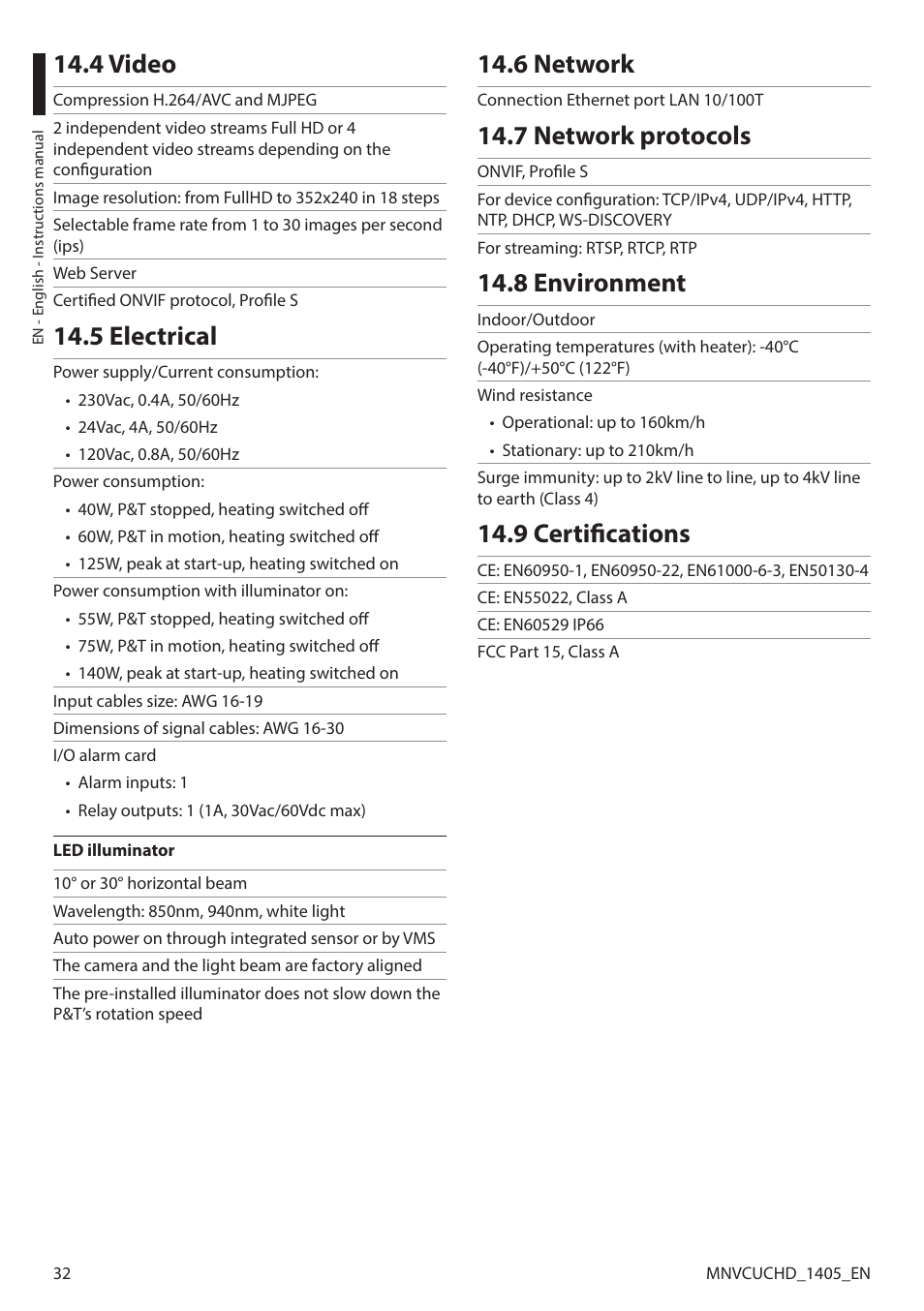 4 video, 5 electrical, 6 network | 7 network protocols, 8 environment, 9 certifications | Videotec ULISSE COMPACT HD User Manual | Page 32 / 36