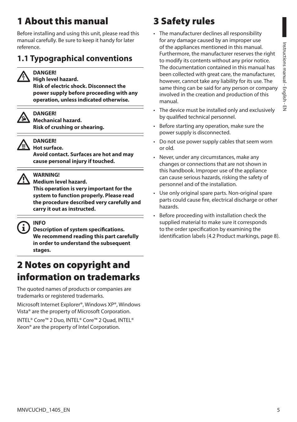 1 about this manual, 1 typographical conventions, 2 notes on copyright and information on trademarks | 3 safety rules | Videotec ULISSE COMPACT HD User Manual | Page 5 / 36