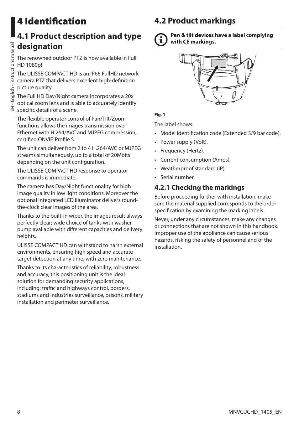 4 identification, 1 product description and type designation, 2 product markings | 1 checking the markings | Videotec ULISSE COMPACT HD User Manual | Page 8 / 36