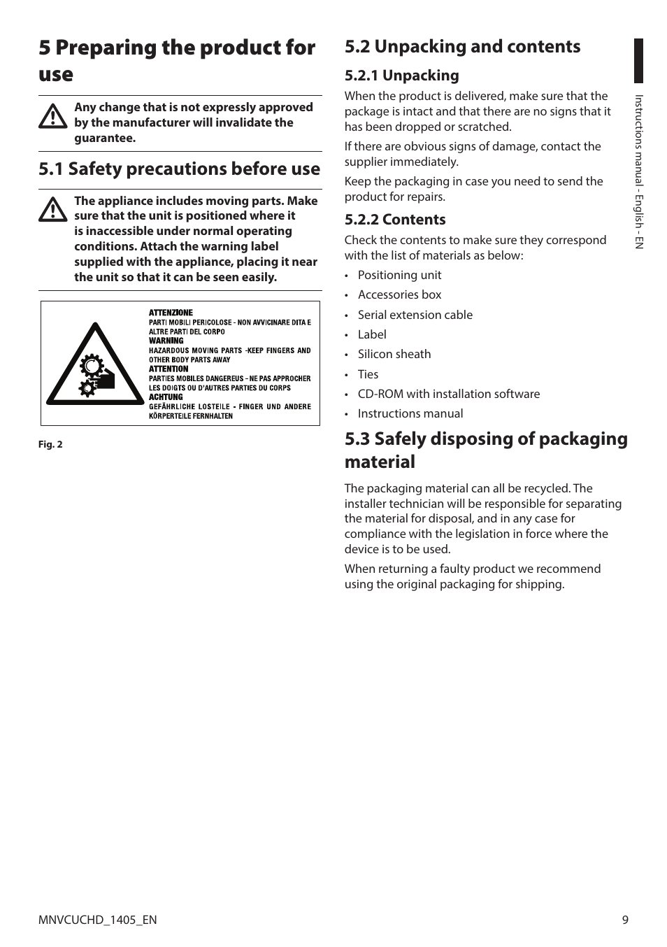 5 preparing the product for use, 1 safety precautions before use, 2 unpacking and contents | 1 unpacking, 2 contents, 3 safely disposing of packaging material, 1 unpacking 5.2.2 contents | Videotec ULISSE COMPACT HD User Manual | Page 9 / 36