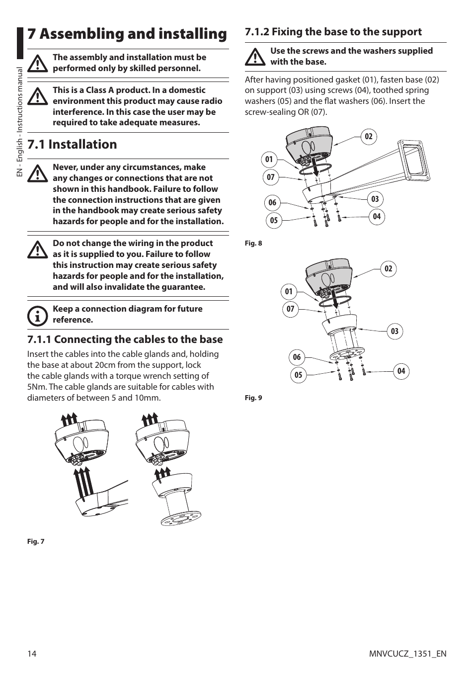 7 assembling and installing, 1 installation, 1 connecting the cables to the base | 2 fixing the base to the support | Videotec ULISSE COMPACT User Manual | Page 14 / 82