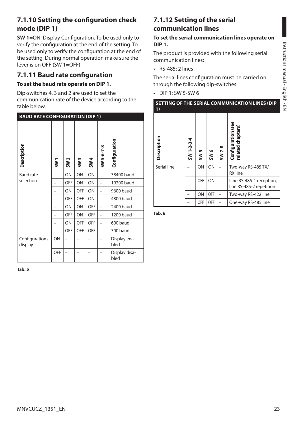 10 setting the configuration check mode (dip 1), 11 baud rate configuration, 12 setting of the serial communication lines | Videotec ULISSE COMPACT User Manual | Page 23 / 82