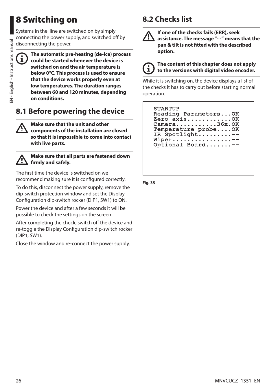 8 switching on, 1 before powering the device, 2 checks list | 1 before powering the device 8.2 checks list | Videotec ULISSE COMPACT User Manual | Page 26 / 82