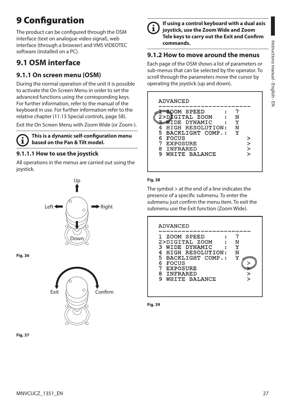 9 configuration, 1 osm interface, 1 on screen menu (osm) | 1 how to use the joystick, 2 how to move around the menus | Videotec ULISSE COMPACT User Manual | Page 27 / 82