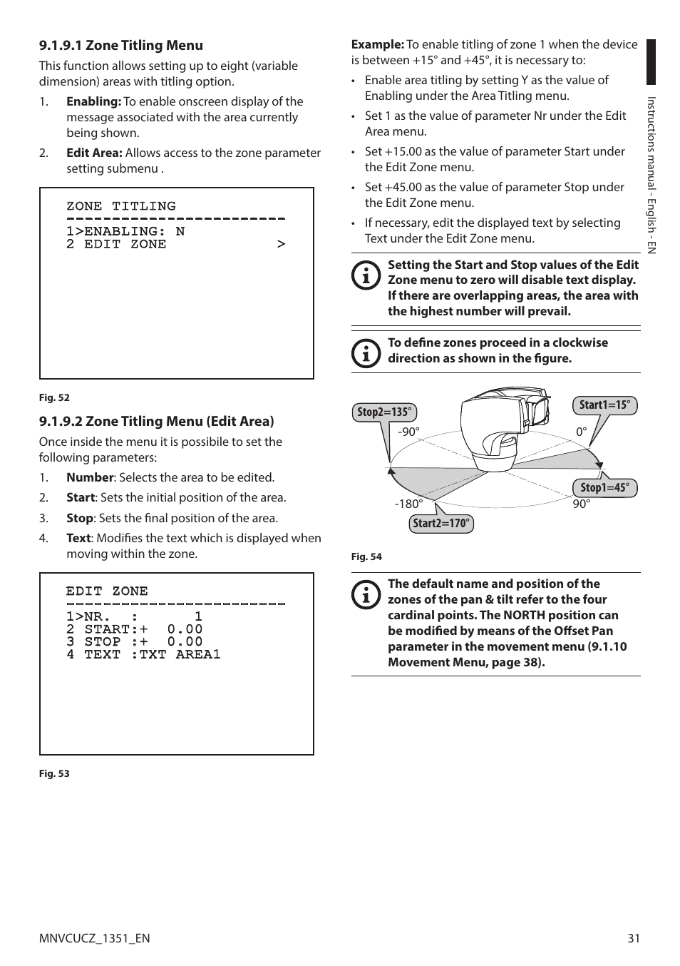 1 zone titling menu, 2 zone titling menu (edit area) | Videotec ULISSE COMPACT User Manual | Page 31 / 82