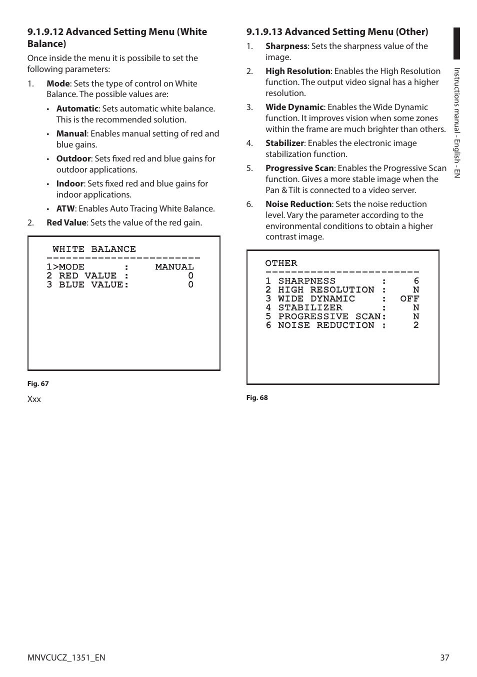 12 advanced setting menu (white balance), 13 advanced setting menu (other) | Videotec ULISSE COMPACT User Manual | Page 37 / 82
