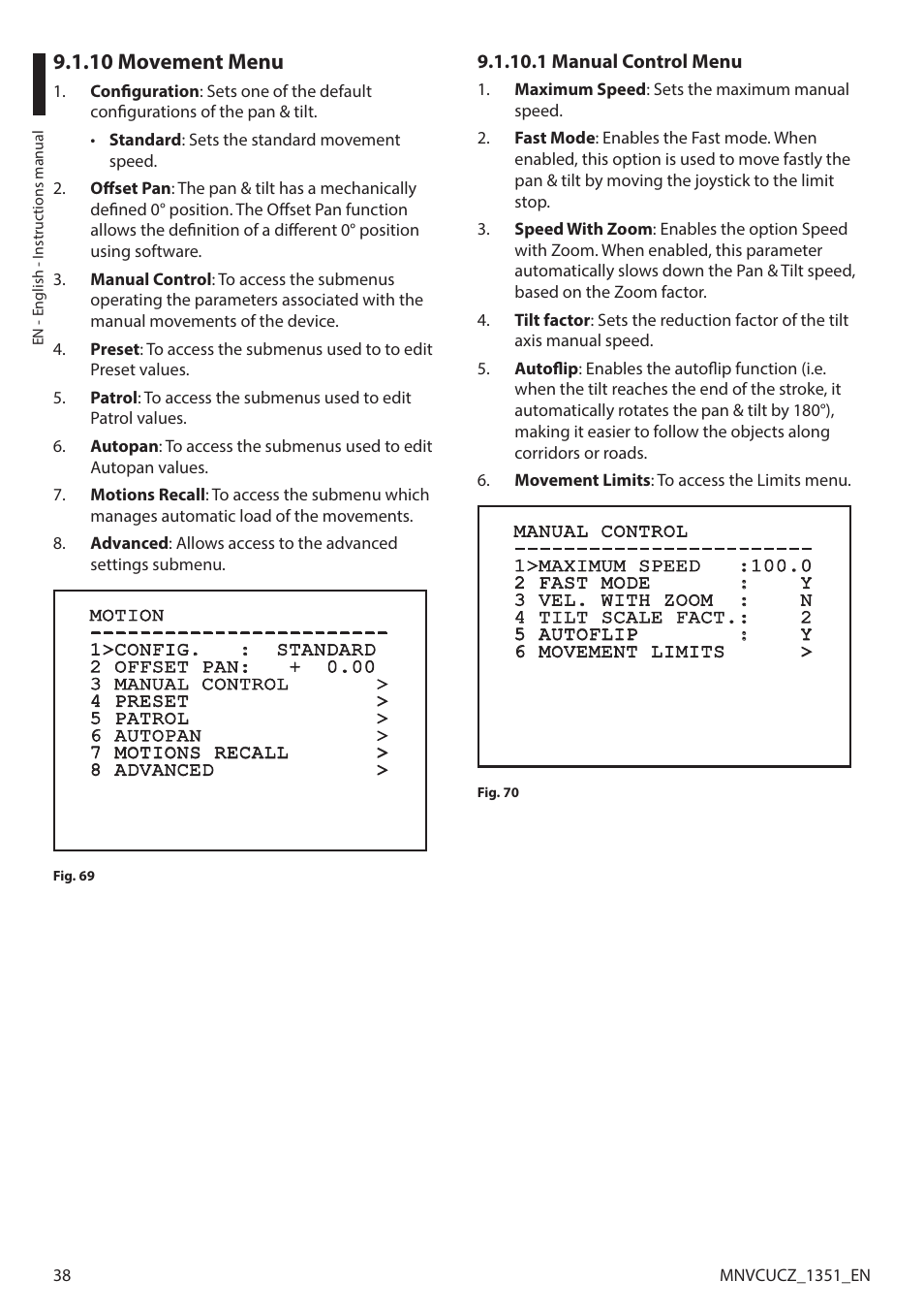 10 movement menu, 1 manual control menu | Videotec ULISSE COMPACT User Manual | Page 38 / 82
