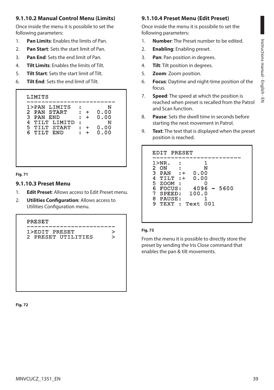 2 manual control menu (limits), 3 preset menu, 4 preset menu (edit preset) | Videotec ULISSE COMPACT User Manual | Page 39 / 82