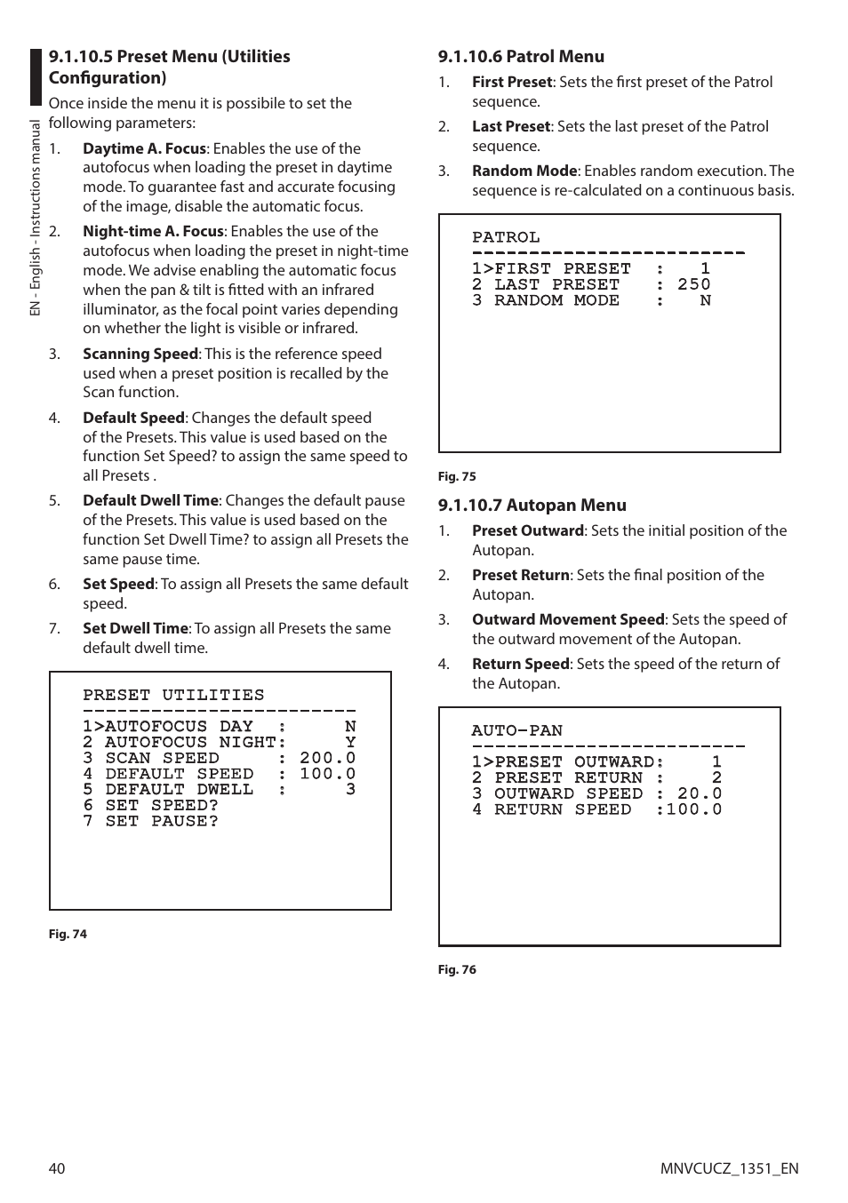 5 preset menu (utilities configuration), 6 patrol menu, 7 autopan menu | Videotec ULISSE COMPACT User Manual | Page 40 / 82