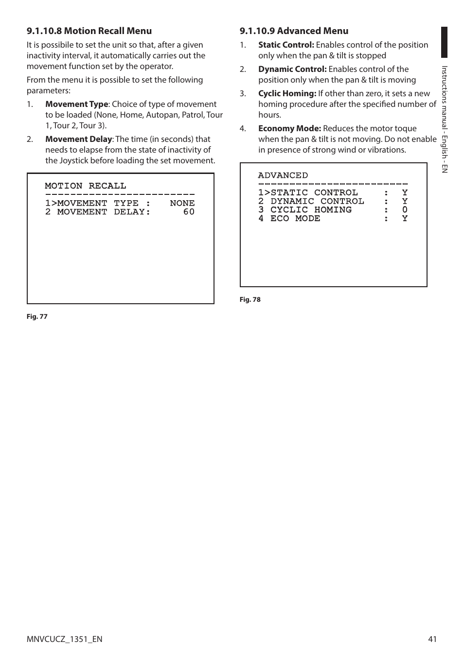 8 motion recall menu, 9 advanced menu, 8 motion recall menu 9.1.10.9 advanced menu | Videotec ULISSE COMPACT User Manual | Page 41 / 82