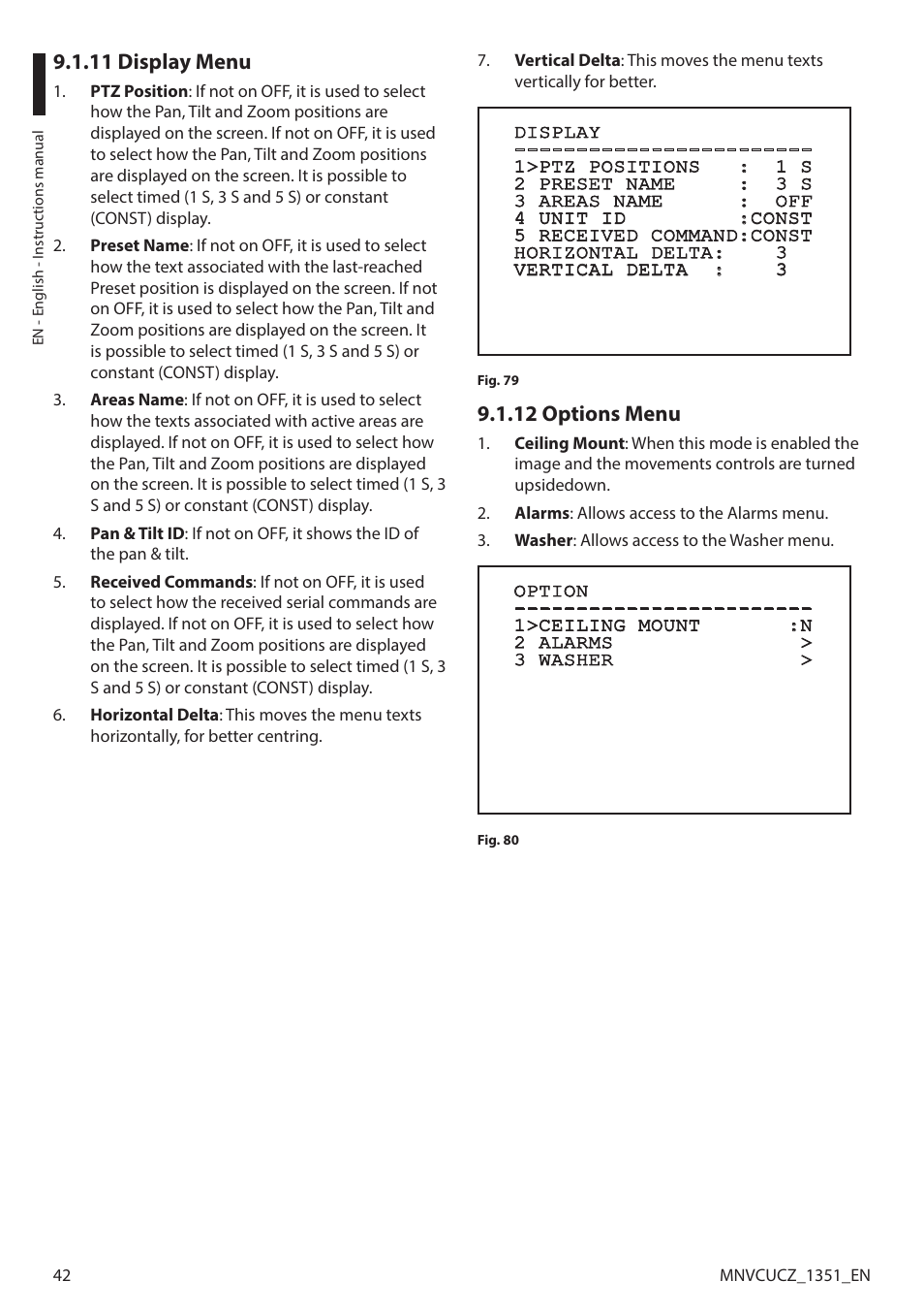 11 display menu, 12 options menu, 11 display menu 9.1.12 options menu | Videotec ULISSE COMPACT User Manual | Page 42 / 82