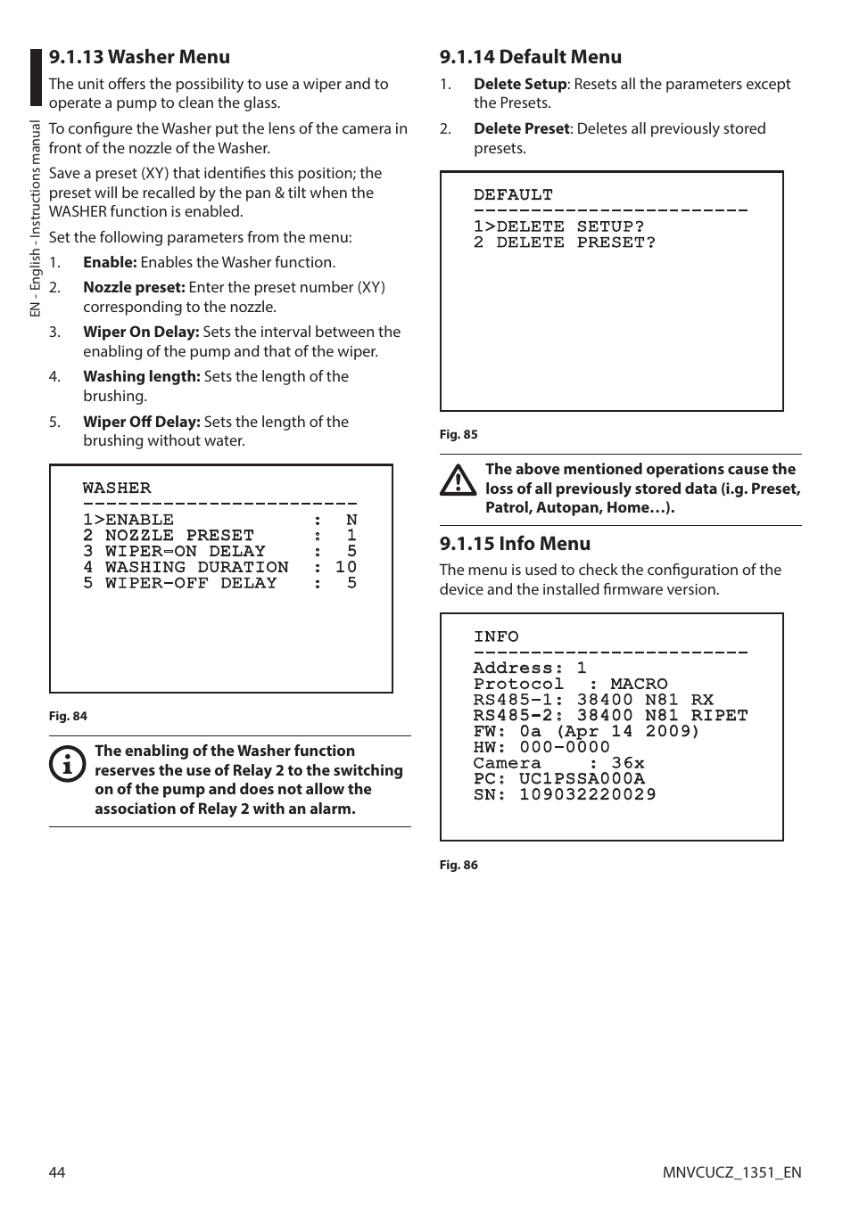 13 washer menu, 14 default menu, 15 info menu | Videotec ULISSE COMPACT User Manual | Page 44 / 82