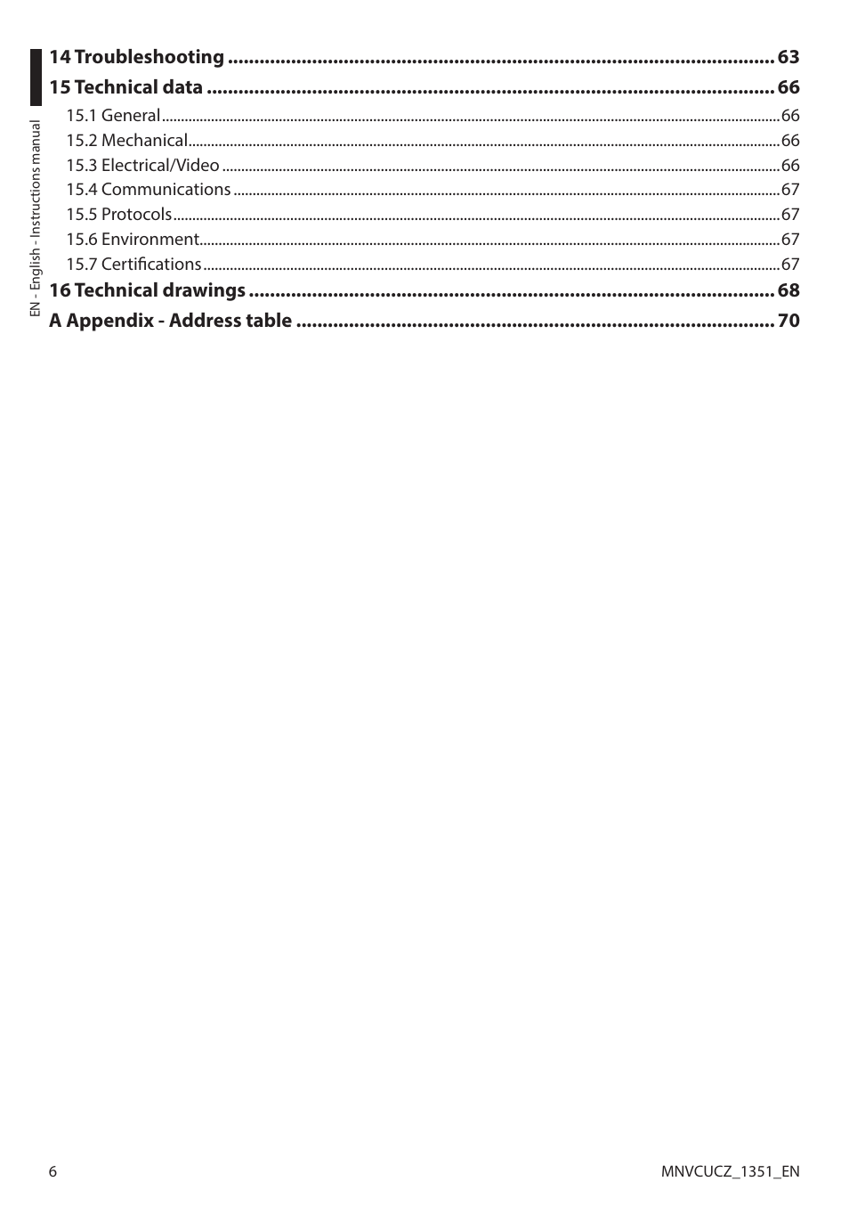 14 troubleshooting 15 technical data, 16 technical drawings a appendix - address table | Videotec ULISSE COMPACT User Manual | Page 6 / 82