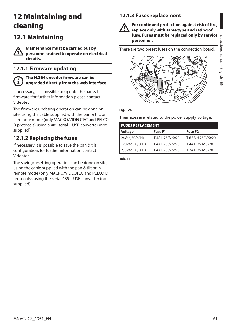 12 maintaining and cleaning, 1 maintaining, 1 firmware updating | 2 replacing the fuses, 3 fuses replacement | Videotec ULISSE COMPACT User Manual | Page 61 / 82