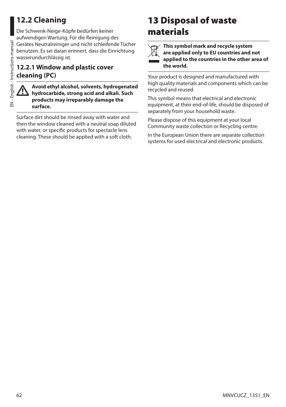2 cleaning, 1 window and plastic cover cleaning (pc), 13 disposal of waste materials | Videotec ULISSE COMPACT User Manual | Page 62 / 82