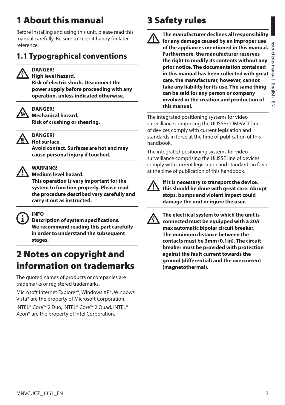 1 about this manual, 1 typographical conventions, 2 notes on copyright and information on trademarks | 3 safety rules | Videotec ULISSE COMPACT User Manual | Page 7 / 82