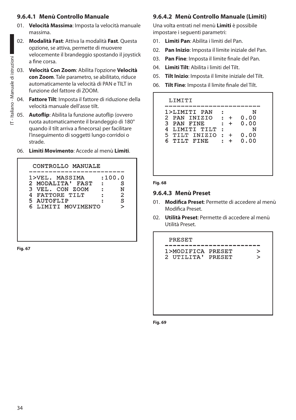 1 menù controllo manuale, 2 menù controllo manuale (limiti), 3 menù preset | Videotec ULISSE COMPACT THERMAL User Manual | Page 102 / 268