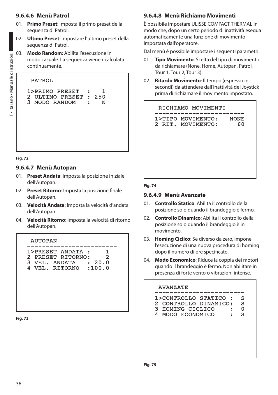 6 menù patrol, 7 menù autopan, 8 menù richiamo movimenti | 9 menù avanzate | Videotec ULISSE COMPACT THERMAL User Manual | Page 104 / 268