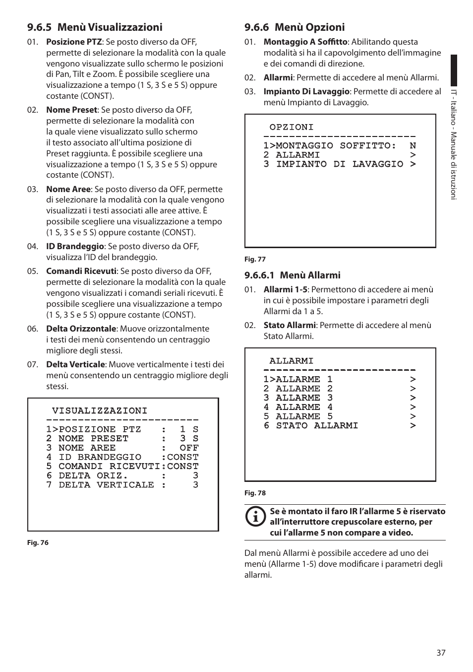 5 menù visualizzazioni, 6 menù opzioni, 1 menù allarmi | 5 menù visualizzazioni 9.6.6 menù opzioni | Videotec ULISSE COMPACT THERMAL User Manual | Page 105 / 268