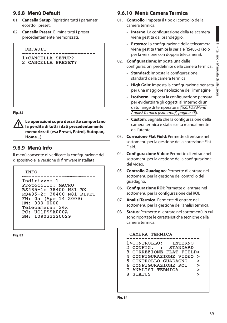 8 menù default, 9 menù info, 10 menù camera termica | Videotec ULISSE COMPACT THERMAL User Manual | Page 107 / 268