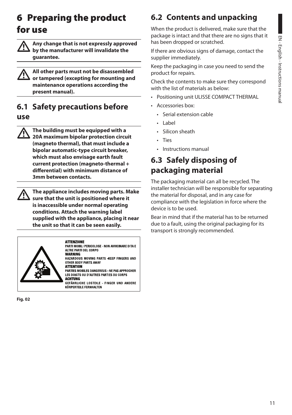 6 preparing the product for use, 1 safety precautions before use, 2 contents and unpacking | 3 safely disposing of packaging material | Videotec ULISSE COMPACT THERMAL User Manual | Page 13 / 268