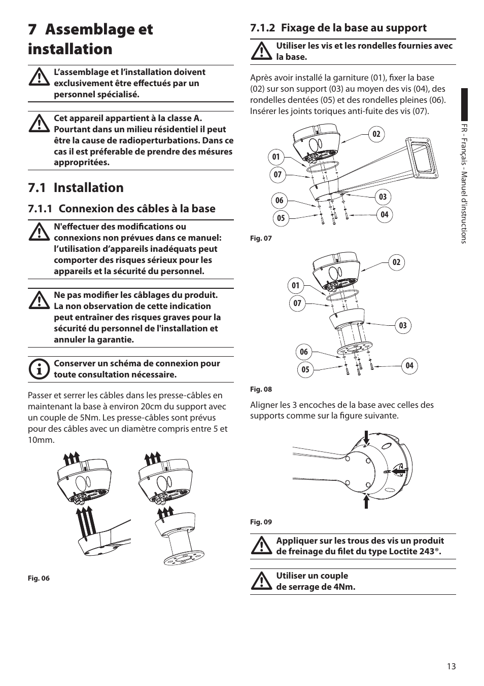 7 assemblage et installation, 1 installation, 1 connexion des câbles à la base | 2 fixage de la base au support | Videotec ULISSE COMPACT THERMAL User Manual | Page 147 / 268