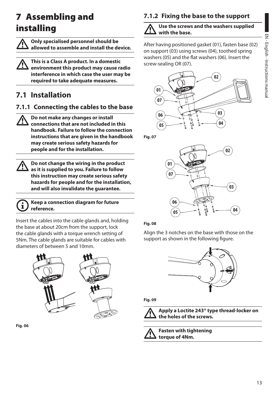 7 assembling and installing, 1 installation, 1 connecting the cables to the base | 2 fixing the base to the support | Videotec ULISSE COMPACT THERMAL User Manual | Page 15 / 268