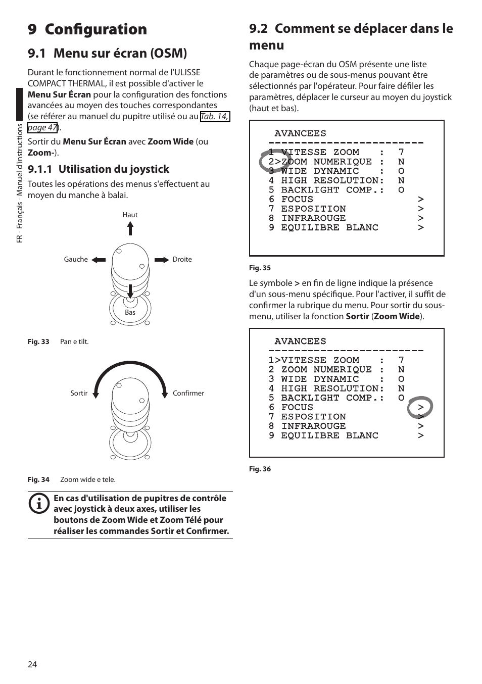 9 configuration, 1 menu sur écran (osm), 1 utilisation du joystick | 2 comment se déplacer dans le menu | Videotec ULISSE COMPACT THERMAL User Manual | Page 158 / 268