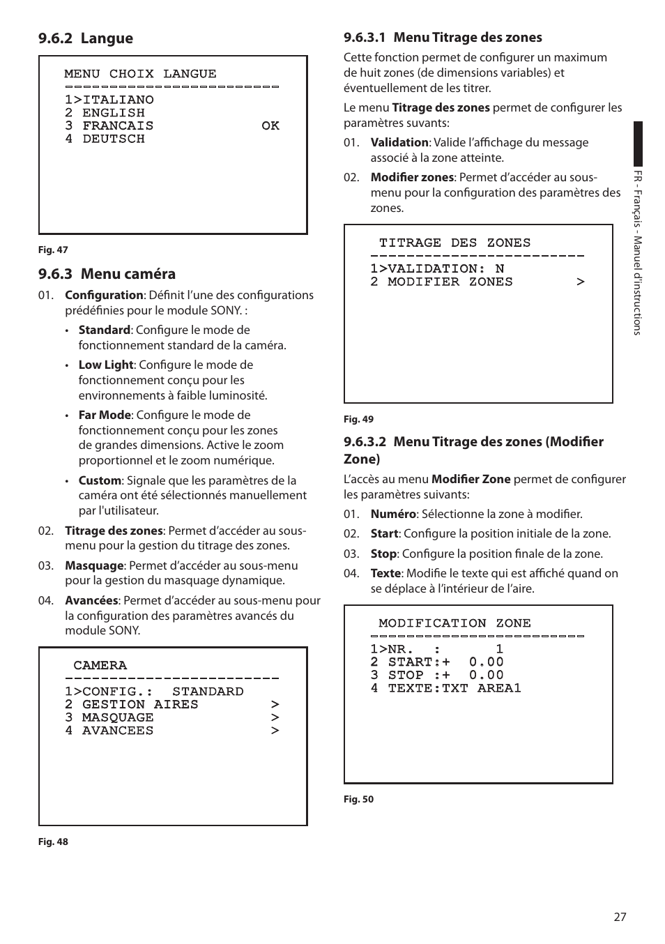 2 langue, 3 menu caméra, 1 menu titrage des zones | 2 menu titrage des zones (modifier zone), 2 langue 9.6.3 menu caméra | Videotec ULISSE COMPACT THERMAL User Manual | Page 161 / 268