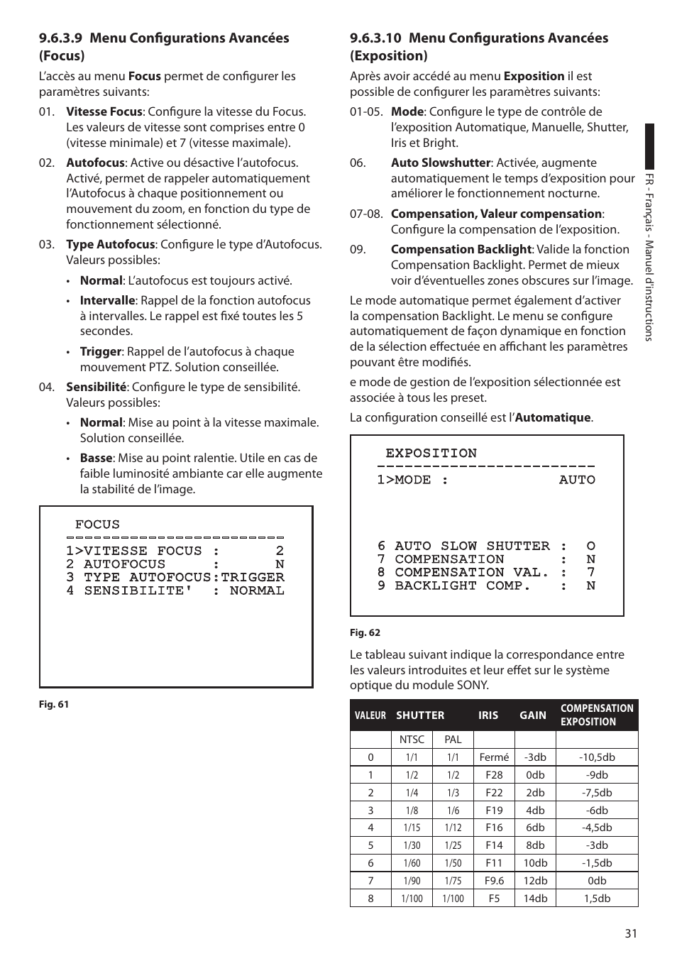 9 menu configurations avancées (focus), 10 menu configurations avancées (exposition) | Videotec ULISSE COMPACT THERMAL User Manual | Page 165 / 268