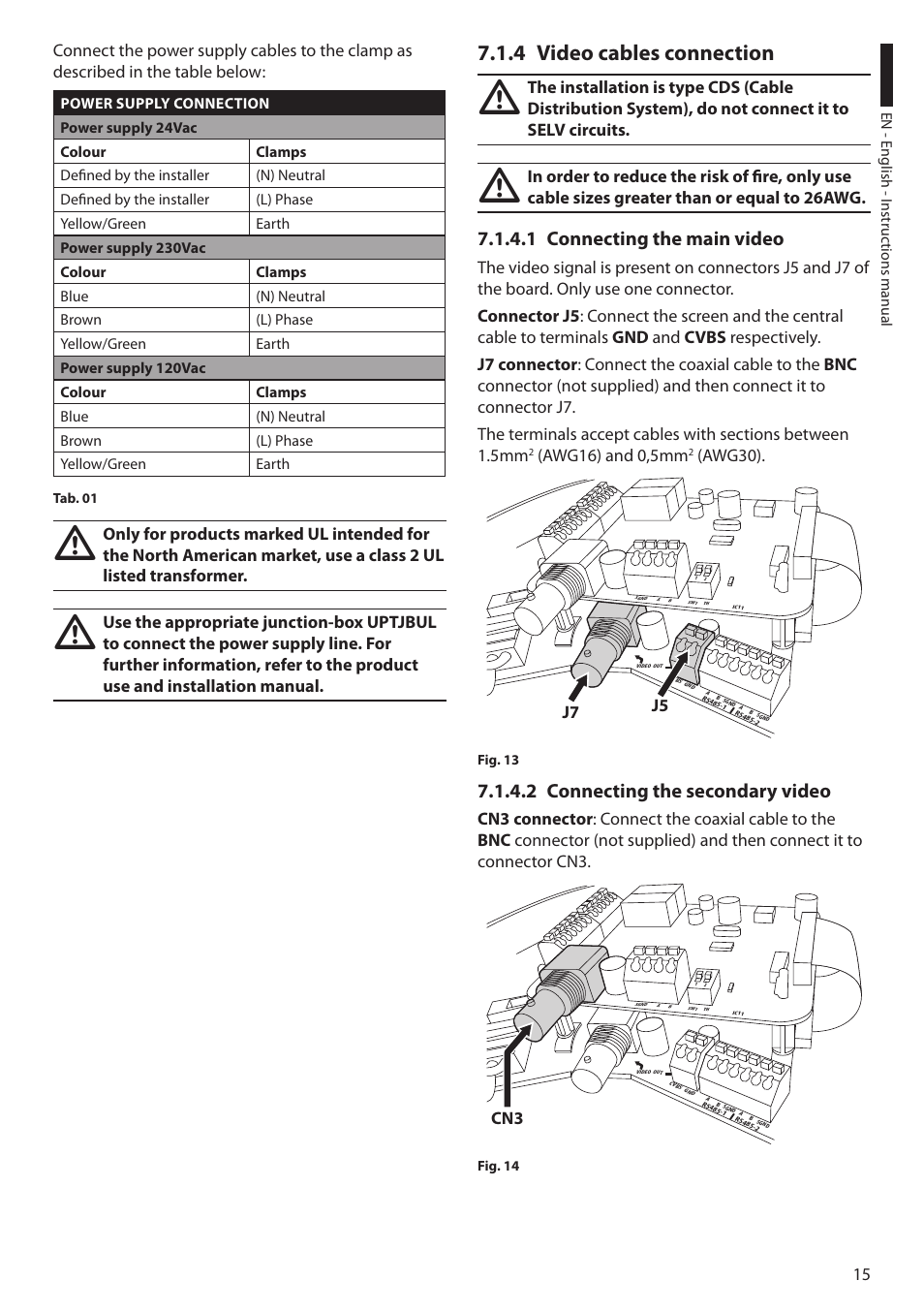 4 video cables connection, 1 connecting the main video, 2 connecting the secondary video | Awg16) and 0,5mm, Awg30), J7 j5 | Videotec ULISSE COMPACT THERMAL User Manual | Page 17 / 268