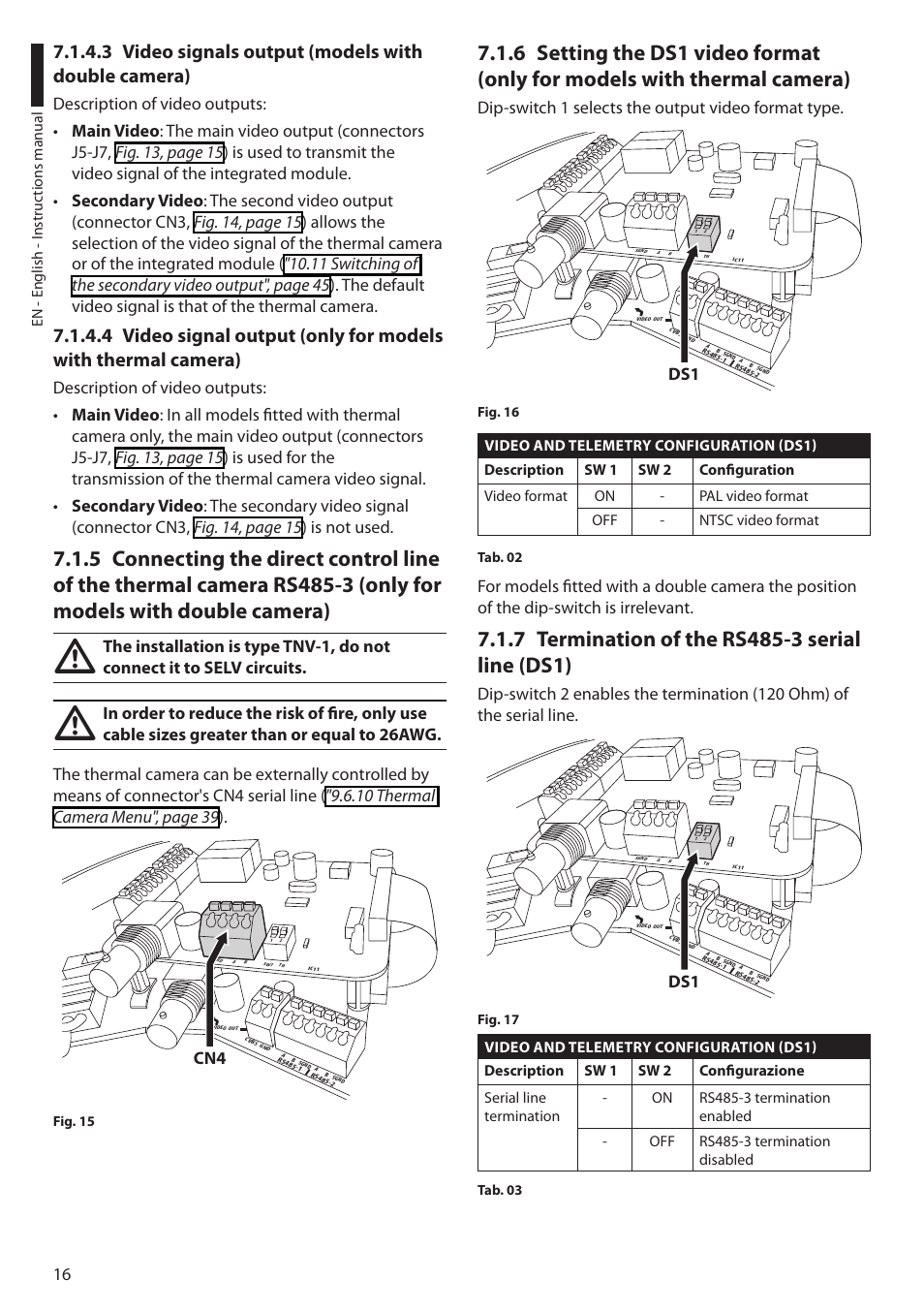 3 video signals output (models with double camera), 7 termination of the rs485-3 serial line (ds1), Dip-switch 1 selects the output video format type | Videotec ULISSE COMPACT THERMAL User Manual | Page 18 / 268