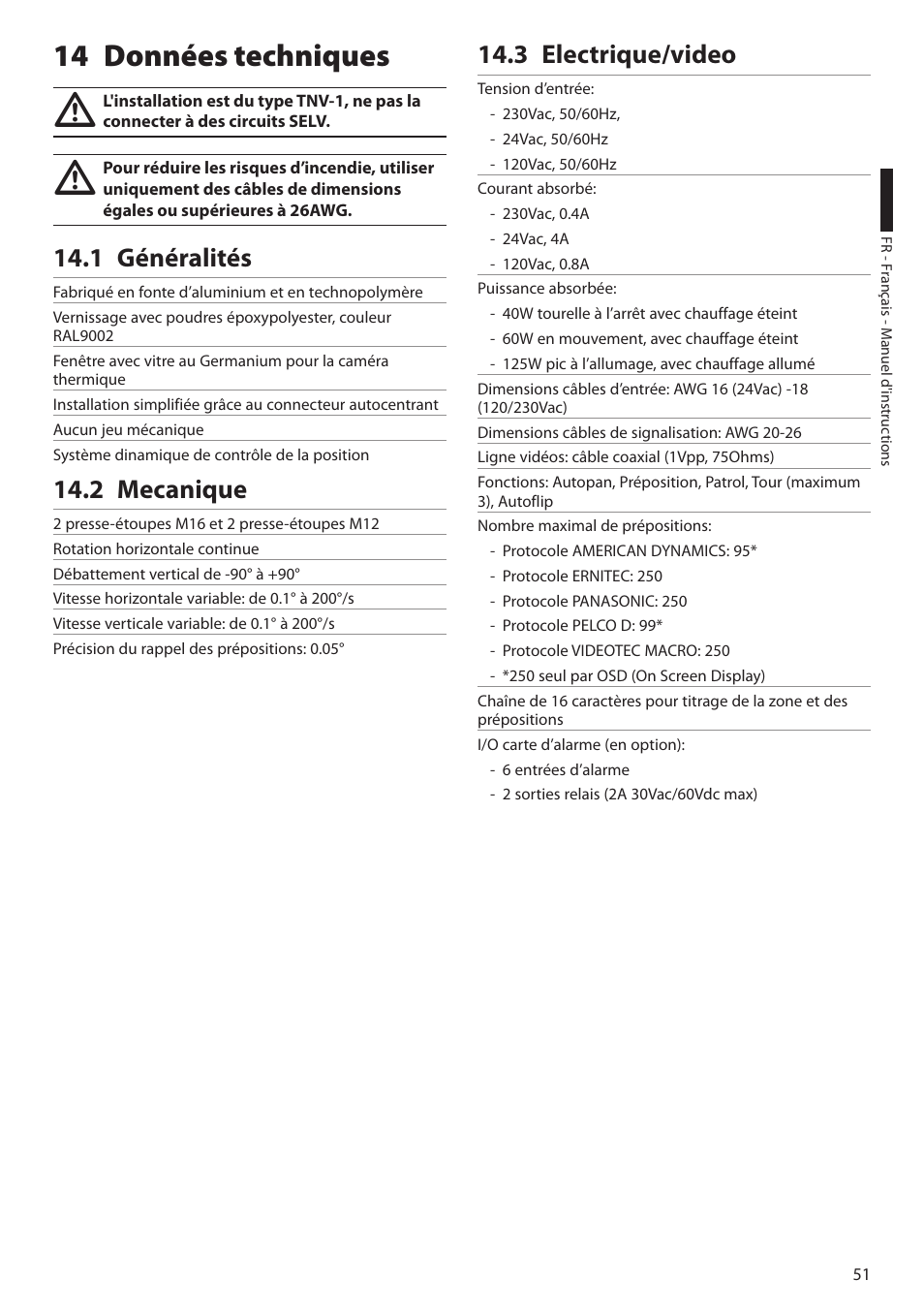 14 données techniques, 1 généralités, 2 mecanique | 3 electrique/video, 1 généralités 14.2 mecanique 14.3 electrique/video | Videotec ULISSE COMPACT THERMAL User Manual | Page 185 / 268