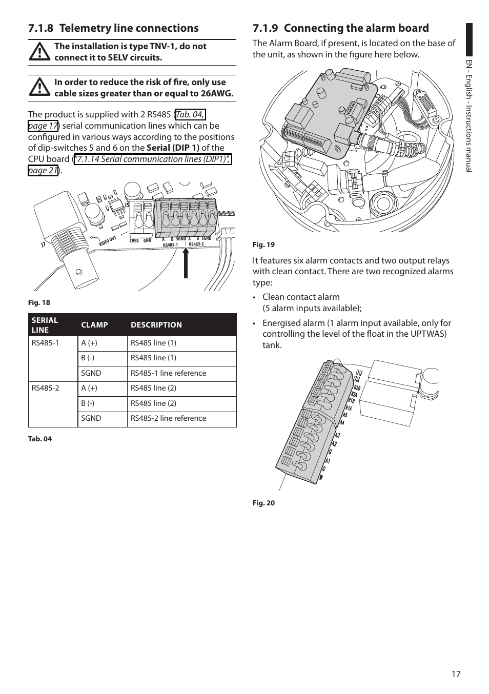 8 telemetry line connections, 9 connecting the alarm board | Videotec ULISSE COMPACT THERMAL User Manual | Page 19 / 268