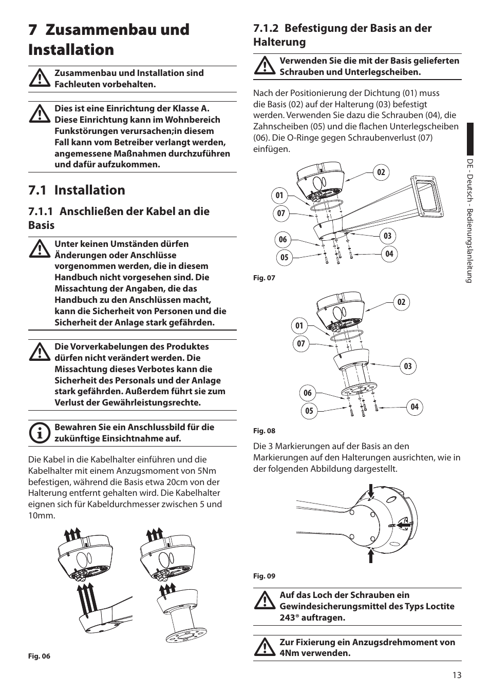 7 zusammenbau und installation, 1 installation, 1 anschließen der kabel an die basis | 2 befestigung der basis an der halterung | Videotec ULISSE COMPACT THERMAL User Manual | Page 213 / 268