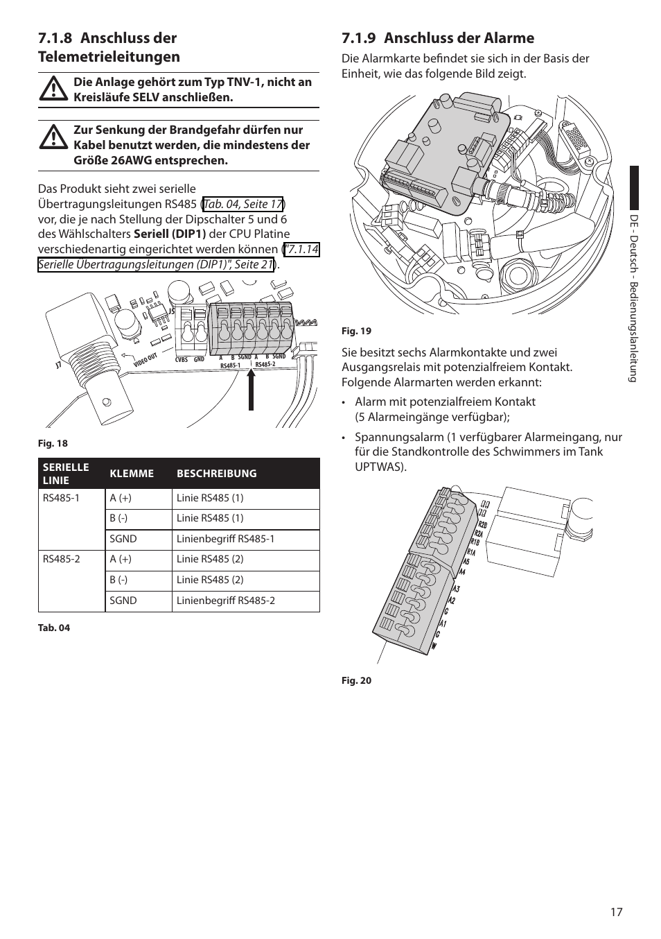 8 anschluss der telemetrieleitungen, 9 anschluss der alarme | Videotec ULISSE COMPACT THERMAL User Manual | Page 217 / 268