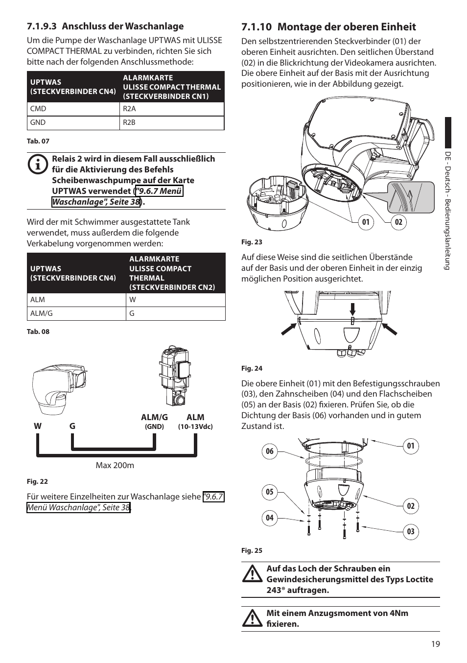 3 anschluss der waschanlage, 10 montage der oberen einheit | Videotec ULISSE COMPACT THERMAL User Manual | Page 219 / 268
